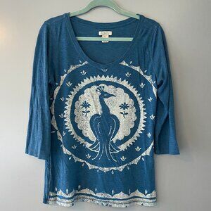 Lucky Brand Women's 3/4 Sleeve Scoop Neck Peacock Shirt in Teal